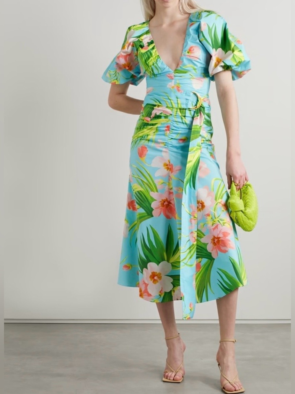 Carolina Herrera New Floral Print Ruched Belted Midi Dress Size 6